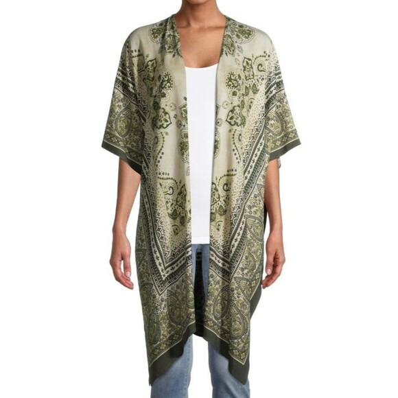 Time and Tru Boho Paisley Kimono green tan size Small medium - Picture 3 of 6